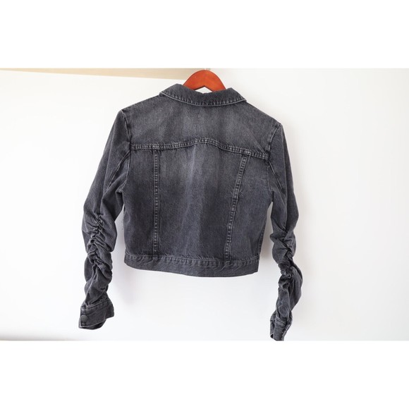 Alice+Olivia Womens Sz S Cropped Black Denim Jean Jacket Ruffle Sleeves Y2K - Picture 3 of 7